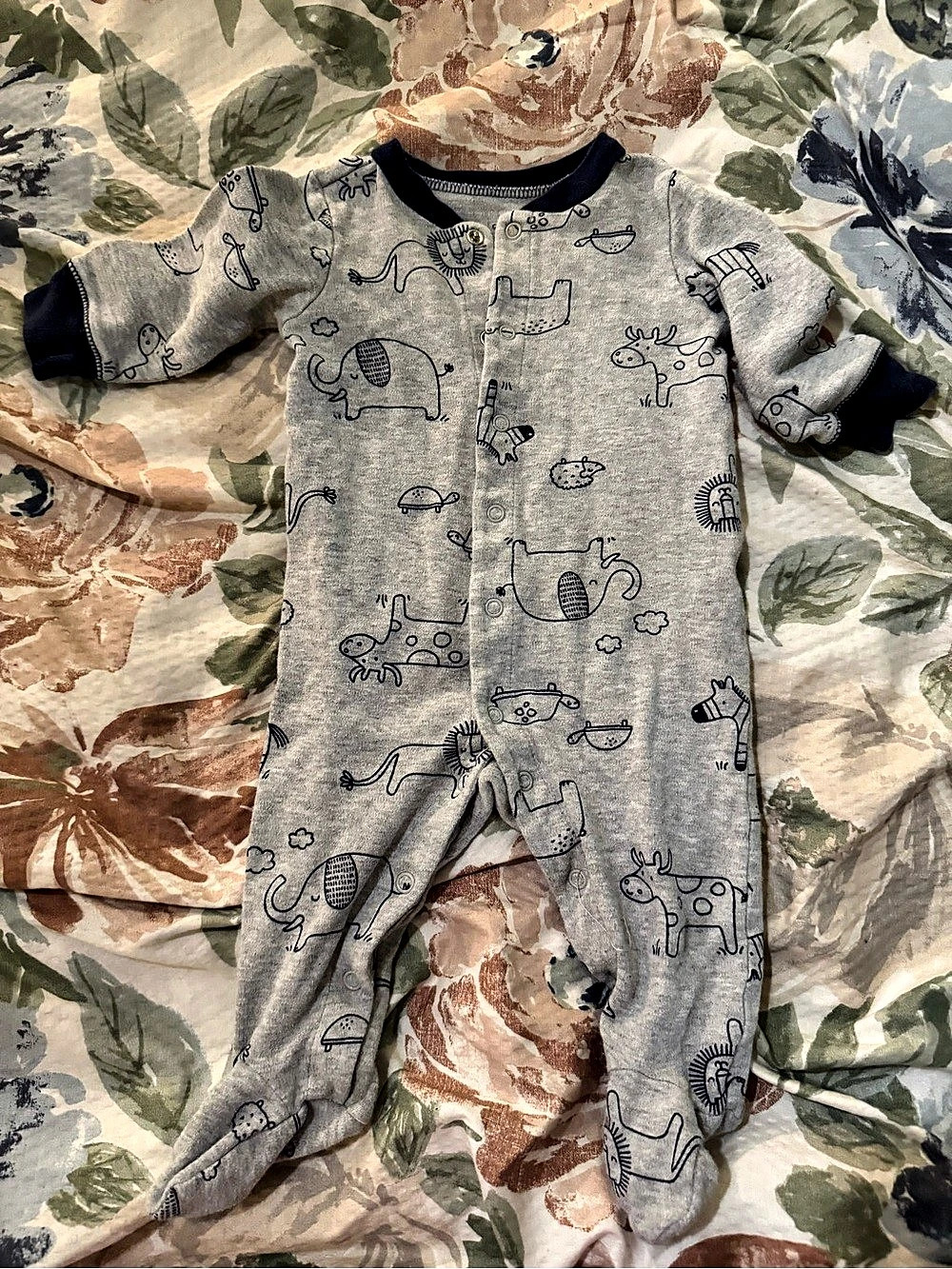 Carter's Safari Animal Print Zip-Up Footed Sleeper Baby 6M Gray & Navy